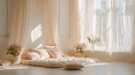 A tranquil bedroom featuring soft textiles, natural light filtering through sheer curtains, and delicate floral arrangements, creating an inviting space for relaxation and mindfulness.の素材