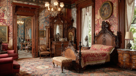 Immerse yourself in this elaborate Victorian bedroom, featuring stunning woodwork, plush textiles, and exquisite chandeliers that create a luxurious, inviting atmosphere.の素材