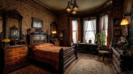 Discover the beauty and charm of a Victorian bedroom characterized by ornate wood furniture, rich textures, and warm lighting, creating a cozy historical atmosphere.の素材