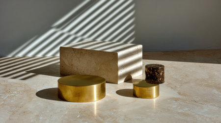 A serene minimalist composition showcases geometric shapes in brass and stone, enhanced by soft light and dynamic shadows, perfect for interior design inspiration.の素材