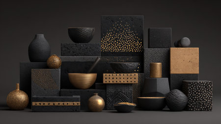 This composition showcases a visually striking arrangement of textured black and gold decorative objects, emphasizing modern aesthetics and artistic design suitable for contemporary interiors.の素材