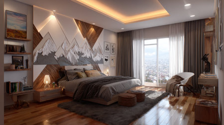 A stylish modern bedroom showcasing elegant mountain artwork, cozy textiles, and natural light, perfect for relaxation and contemporary living with a scenic view.の素材
