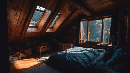 Cozy attic bedroom featuring wooden architecture, large windows allowing natural light, rustic decor, and a peaceful ambiance perfect for relaxation and retreat.の素材