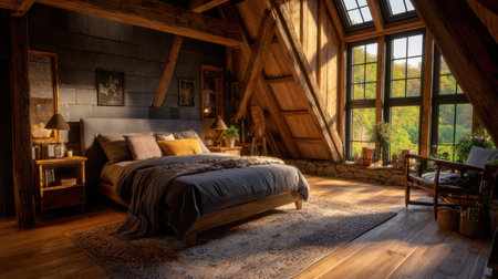 This beautiful rustic bedroom interior features large windows that flood the space with natural light, creating a warm and inviting atmosphere perfect for relaxation.の素材