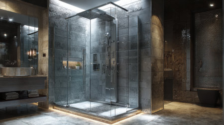 A stunning modern shower design showcases a glass enclosure and sleek fixtures, creating an elegant and relaxing atmosphere in a contemporary bathroom setting.の素材
