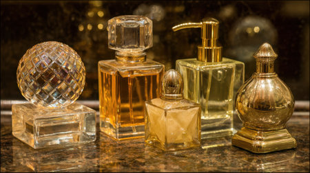 A captivating display of vintage perfume bottles featuring unique shapes and warm tones, ideal for showcasing beauty, elegance, and lifestyle themes in photography.の素材