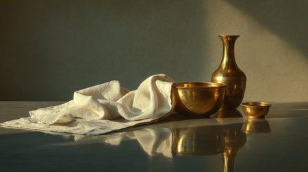 A beautiful arrangement of brass vessels and a soft cloth in gentle natural light, creating a serene and elegant composition that highlights the textures and warmth of the materials.の素材