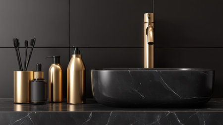 Stunning modern bathroom sink featuring gold accents and elegant containers on a dark marble surface. Ideal for interior design inspiration and home decor projects.の素材