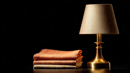 A beautifully arranged still life showcasing folded textiles in warm hues beside an elegant table lamp, creating a cozy and inviting atmosphere for modern home interiors.の素材