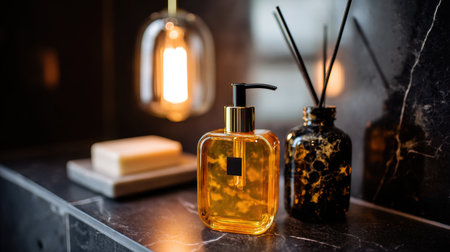 A stylish bathroom scene featuring an elegant glass bottle with a pump dispenser, complemented by a fragrant diffuser and candle, perfect for a contemporary home setting.の素材