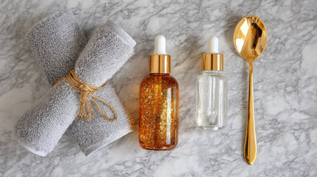 Capture the essence of beauty with this elegant arrangement of glass droppers filled with luxurious oils, soft towels, and a gold spoon on a chic marble surface.の素材