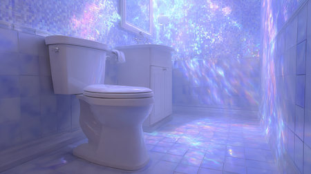 A tranquil bathroom environment featuring a toilet and sink, adorned with stunning tiles reflecting soft light, creating a peaceful oasis for relaxation and rejuvenation.の素材