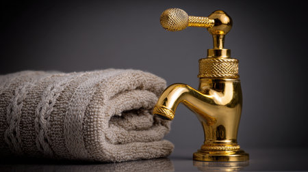 This image captures a luxurious vintage faucet in gold finish paired with a plush towel, creating a refined and elegant atmosphere perfect for a stylish bathroom or spa.の素材
