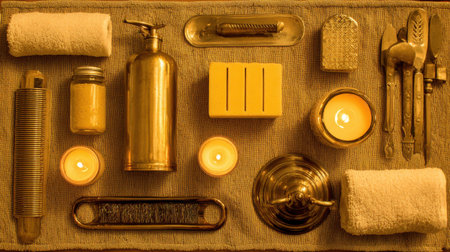 A beautifully arranged vintage bathroom scene showcases brass accents, soft towels, and flickering candles, creating a serene atmosphere perfect for relaxation and self-care.の素材