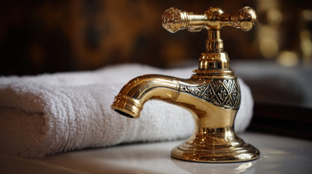 A beautifully crafted golden faucet showcases intricate detailing beside a plush towel, ideal for enhancing bathroom aesthetics and providing a luxurious touch to any home.の素材