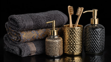Discover an exquisite arrangement of elegant bathroom essentials, featuring plush towels, stylish toothbrush holders, and modern soap dispensers designed for a refined aesthetic.の素材