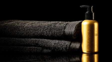This image features a sleek gold lotion bottle next to a soft black towel, creating an elegant atmosphere ideal for beauty and wellness applications.の素材