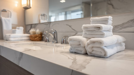 A stylish bathroom counter featuring neatly stacked white towels on a polished marble surface, creating a serene and inviting atmosphere perfect for relaxation and grooming.の素材