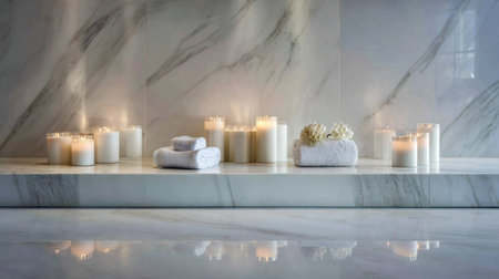 A tranquil spa scene featuring soft white candles, fresh flowers, and plush towels arranged on a sleek marble surface, creating a peaceful ambiance for relaxation and self-care.の素材