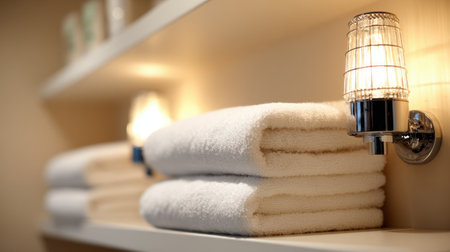 Neatly stacked white towels on a minimalist shelf accentuated by glow from stylish wall lights, capturing the essence of a modern and serene bathroom environment.の素材
