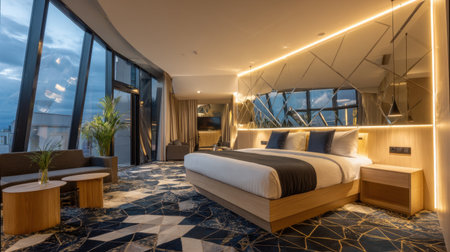 Explore a luxurious hotel room designed for modern comfort with panoramic views, stylish decor, elegant furnishings, and soothing ambiance, perfect for a relaxing stay.の素材