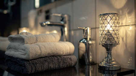 A serene bathroom scene featuring neatly stacked plush towels with modern accessories, enhanced by soft lighting to create a peaceful ambiance perfect for relaxation.の素材