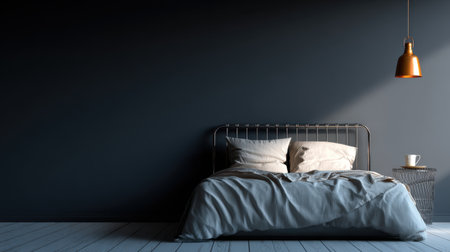 A stylish modern bedroom featuring a cozy bed with soft linens against a dark black wall, complemented by elegant pendant lighting, creating a peaceful and inviting atmosphere.の素材