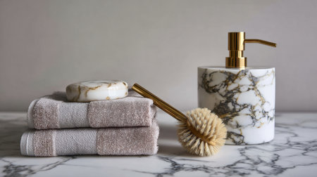 Discover a beautifully arranged bathroom scene featuring plush towels, a chic soap dispenser, and a natural cleaning brush, creating a serene and elegant atmosphere for self-care.の素材