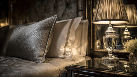 A close-up view of an elegant bedroom showcasing luxurious pillows, a stylish lamp, and exquisite textiles, creating a serene atmosphere perfect for relaxation and comfort.の素材