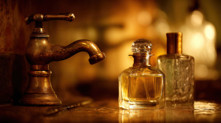 A captivating still life featuring vintage perfume bottles alongside an antique faucet, illuminated by soft warm light, evoking a sense of nostalgia and elegance in interior decor.の素材