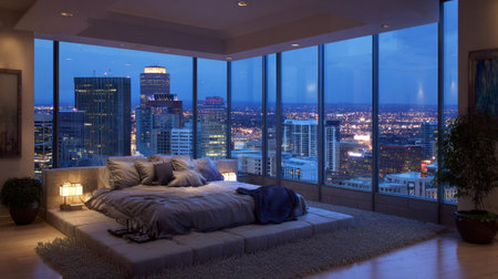This image features a stylish urban bedroom designed for relaxation, showcasing a breathtaking city view at night through expansive windows, creating a serene atmosphere.の素材