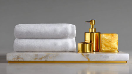 Discover a serene spa arrangement featuring plush towels, elegant bath accessories, and a polished marble tray, perfect for enhancing your bathroom's relaxation and aesthetic.の素材