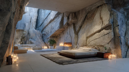 This unique cave-inspired bedroom features warm ambient lighting and minimalist furnishings, creating a tranquil retreat that harmonizes with nature's beauty.の素材