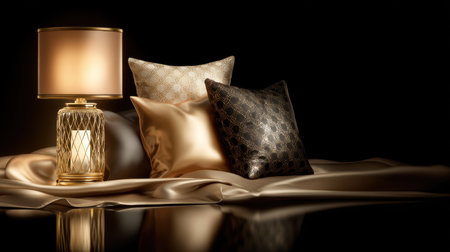 A beautiful setup showcasing elegant decorative pillows and a stylish lamp on luxurious satin fabric, perfect for enhancing modern interior design and creating a cozy ambiance.の素材