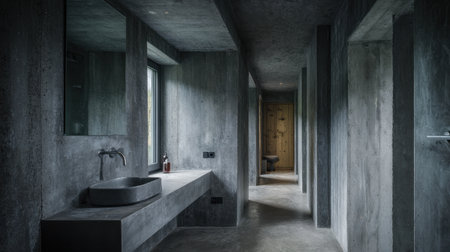 This beautifully designed minimalist bathroom showcases striking concrete finishes and a spacious layout, illuminated by natural light, creating a serene and modern aesthetic.の素材