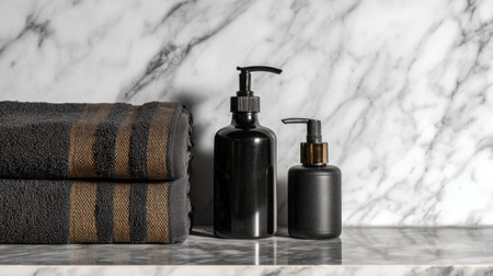A stylish arrangement featuring dark bathroom products placed elegantly on a marble surface beside soft towels, showcasing a minimalist and luxurious design ideal for home decor and relaxation.の素材