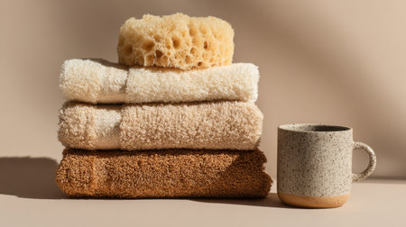 An inviting composition featuring soft towels, a natural sponge, and a minimalist coffee cup. Perfect for conveying relaxation and comfort in home or spa settings.の素材