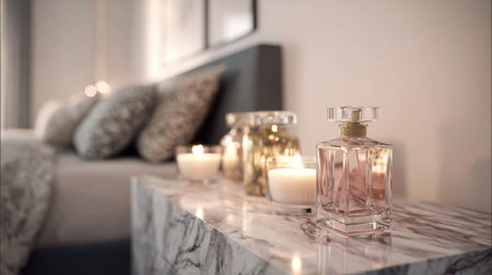 A beautifully arranged bedroom showcasing elegant perfume bottles and soft candlelight on a marble tabletop, creating a serene and luxurious atmosphere perfect for relaxation.の素材