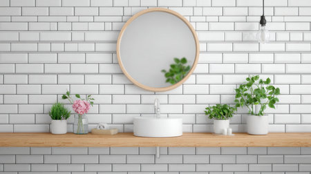 A bright and modern bathroom showcasing white subway tiles, a round mirror, a wooden vanity, and green plants for a fresh, minimalist aesthetic. Perfect for a serene atmosphere.の素材
