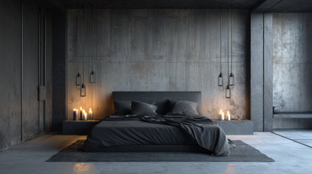 A stylish industrial bedroom featuring concrete walls, a dark color palette, and soft textures. The ambient lighting and candles create a warm and inviting atmosphere perfect for relaxation.の素材
