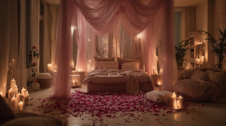 A serene and romantic bedroom featuring soft pink drapes, warm candlelight, and scattered rose petals, perfect for creating a tranquil, intimate retreat for relaxation and love.の素材