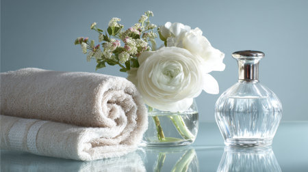 This image showcases soft towels, a beautiful arrangement of white flowers, and an elegant perfume bottle, creating a peaceful spa-inspired scene for relaxation and self-care.の素材
