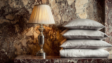 An elegant arrangement featuring soft pillows and a stylish lamp on a marble surface, showcasing luxury and comfort while inspiring interior design ideas for modern homes.の素材