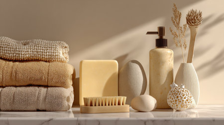 This image showcases a harmonious arrangement of bathroom essentials, including soft towels and natural decor, creating a relaxing spa-like atmosphere for self-care rituals.の素材