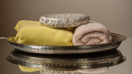 An aesthetically pleasing arrangement of soft textiles paired with a decorative dish on an elegant silver tray, perfect for creating a cozy atmosphere in your home.の素材