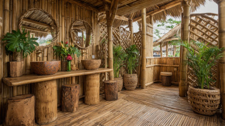 Experience the serene beauty of a bamboo retreat interior, featuring natural wood elements, lush plants, and a tranquil atmosphere perfect for relaxation and rejuvenation.の素材