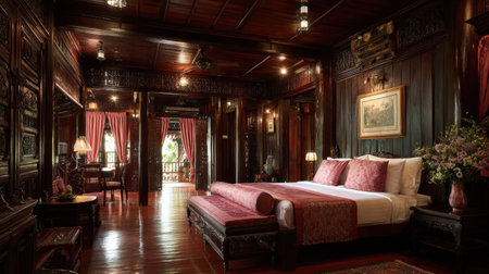 Experience the charm of a luxurious traditional wooden bedroom featuring elegant decor, soft lighting, and rich textures that create a cozy atmosphere for relaxation.の素材