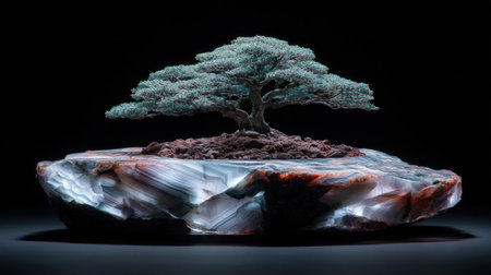 A stunning bonsai tree sculpture sits elegantly atop a captivating stone base, embodying tranquility and artistic beauty, perfect for enhancing any indoor space.の素材