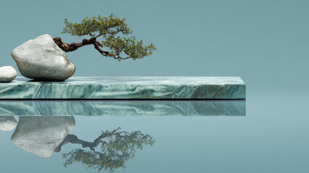 A tranquil bonsai tree sits elegantly atop a smooth stone, creating a serene atmosphere with its reflection on a sleek, reflective surface in a soft blue background.の素材