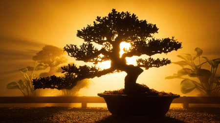 A stunning bonsai tree silhouette framed by a warm sunset glow, evoking peace and harmony. This serene scene embodies nature's beauty perfect for relaxation and inspiration.の素材